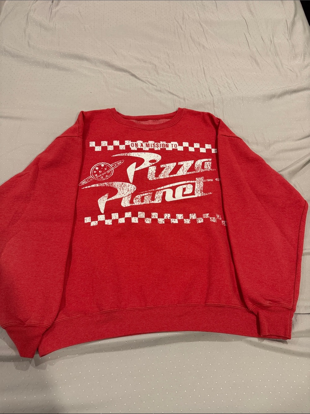 Disney Pizza Planet Red Graphic Crewneck Sweatshirt